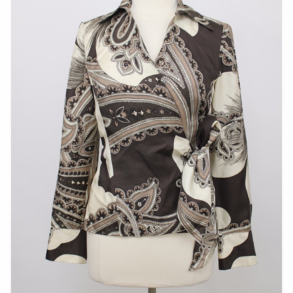 Ann Taylor Brown Paisley Silk Wrap Blouse Sz12
